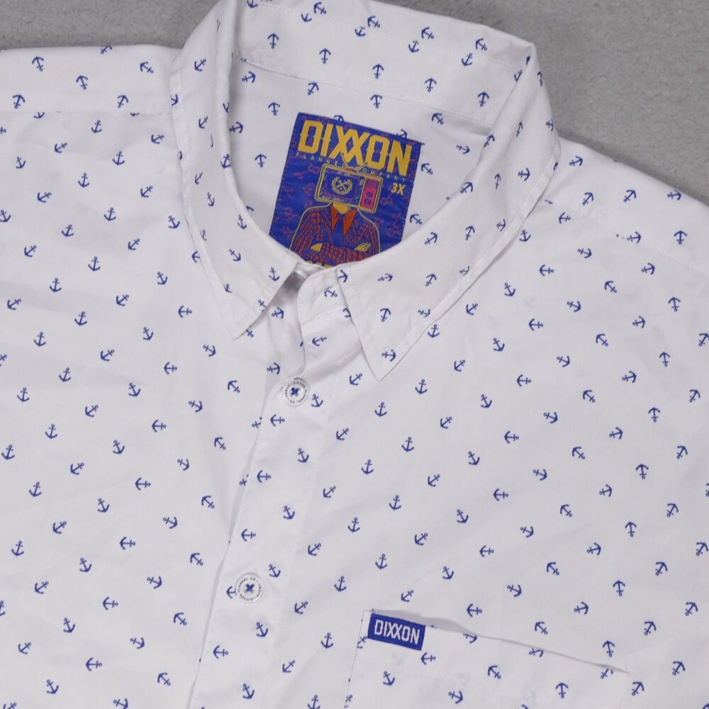 Dixxon Avery White Anchor Print Button Up Shirt 3X Short Sleeve Polyester blend